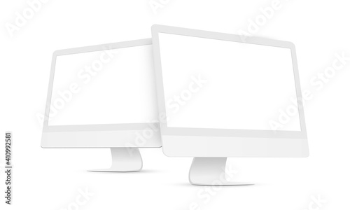 Two Clay Desktop PCs with Perspective Side Views Isolated on White Background. Vector Illustration