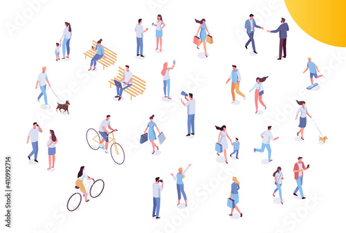 People crowd, city street.Different isomeric people vector set isolated on white. Male and female have outdoor activity. Walking with dog, riding bicycle and skateboard, sitting on bench.	