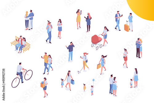 People crowd, city street.Different isomeric people vector set isolated on white. Male and female have outdoor activity. Walking with dog, riding bicycle and skateboard, sitting on bench.	