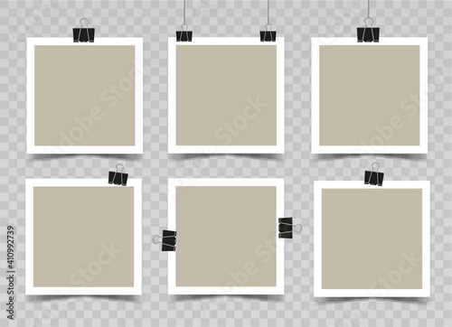 Square photo frames with white border attached on paper clips. Beige photo cards with shadows on transparent background. Mockup. Set of six blanks. Vector 3d realistic template. EPS10.