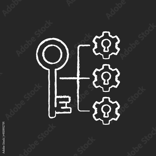 Breaking down problems chalk white icons set on black background. Creative way of problem solution. Keys to brilliant ideas. Critical thinking high skill. Isolated vector chalkboard illustration