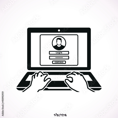 Log in account on the laptop. Hands on the laptop. Vector Illustration. Man.