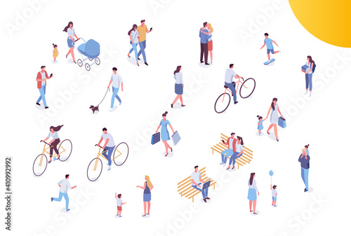 People crowd, city street.Different isomeric people vector set isolated on white. Male and female have outdoor activity. Walking with dog, riding bicycle and skateboard, sitting on bench.	