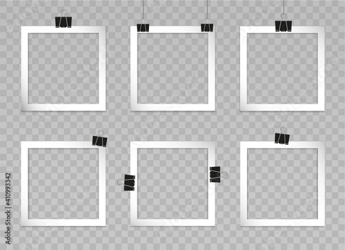Set of Silver square photo frames on binder clips.Vector 3d realistic. Mockup for design, social media, branding. Blank template on a transparent background.6 empty gray photo cards with Shadows.EPS10