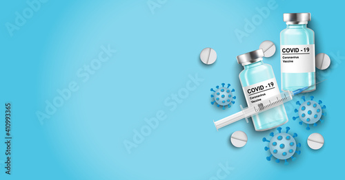 Coronavirus vaccine vector background. Covid-19 corona virus vaccination with vaccine bottle and syringe injection tool for covid19 immunization treatment. Vector illustration.