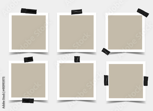 Vector 3d realistic square photo frames with black adhesive tape. Mockup for design or presentation. Blank Template. 6 empty beige photo cards with different sticky tape. EPS10.