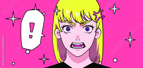 Angry anime girl, shouting cartoon character. Trendy pop art style poster or print design.