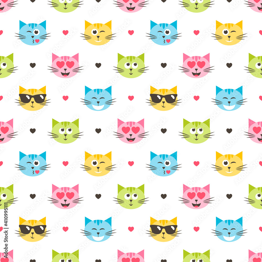 Background with colorful cat heads and hearts Background with colorful cat heads and hearts