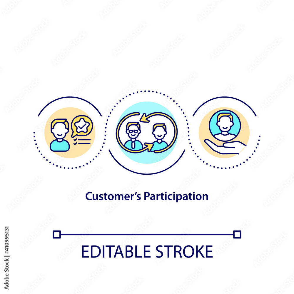 Customer participation concept icon. New value for global brands idea thin line illustration. Leverage customer experience. Vector isolated outline RGB color drawing. Editable stroke Customer participation concept icon. New value for global brands idea thin line illustration. Leverage customer experience. Vector isolated outline RGB color drawing. Editable stroke