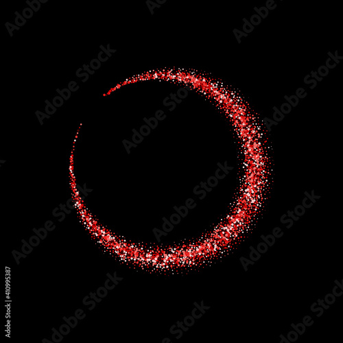 Golden bright frame made of small particles of red dust, crescent moon on black background, design element