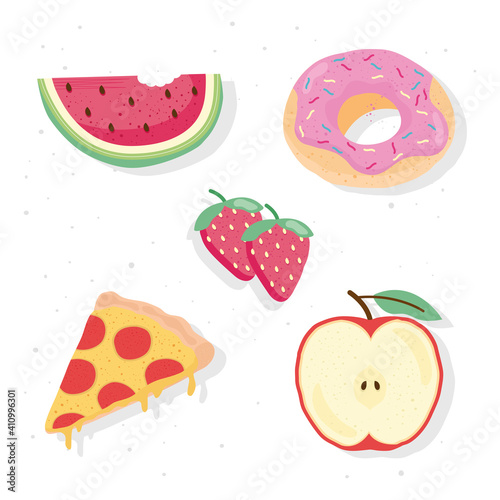 Fototapeta Naklejka Na Ścianę i Meble -  bundle of five fresh and delicious food icons vector illustration design