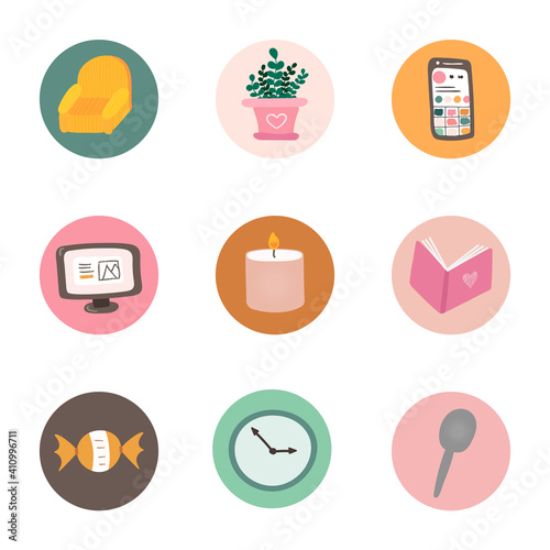 Modern and bright highlights for social media, bloggers, companies, brands with cozy home elements: armchair, plant, candy, computer, book, work clock. Vector cliparts illustrations in warm palette.