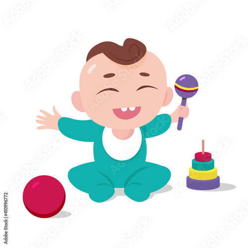 Cute little baby playing with toys. Games, entertainment, early learners support concept.