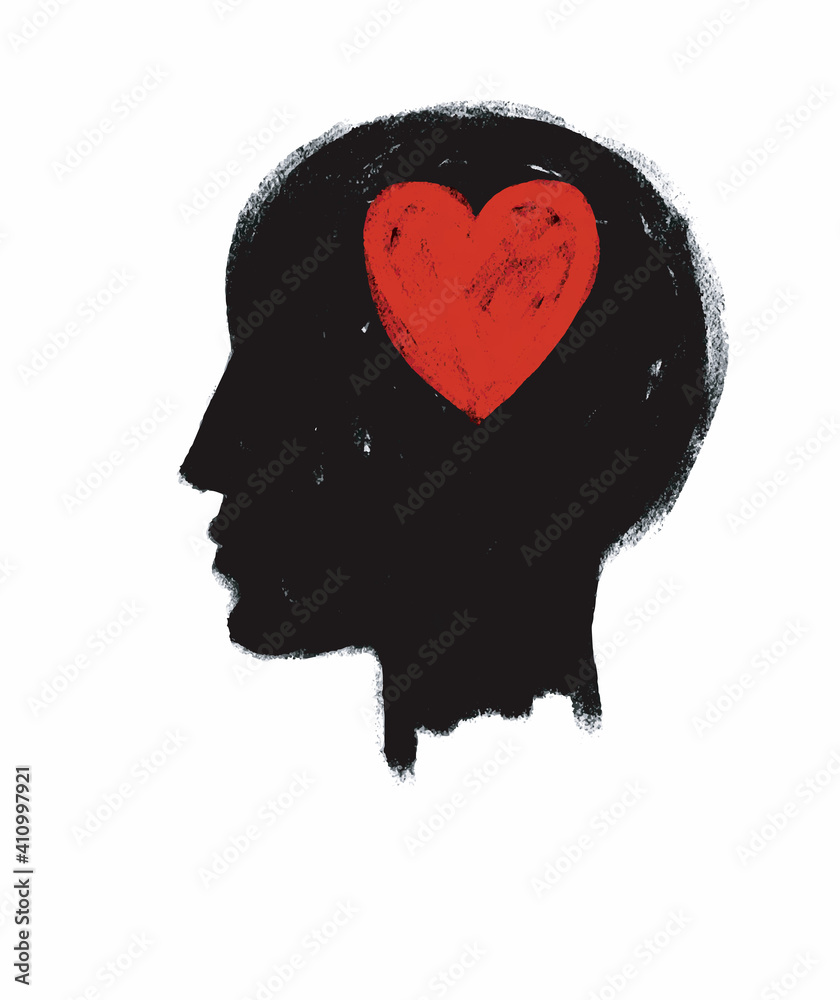 Funny Abstract Man in Love Vector Illustration ideal for Card, Wall Art, Poster. Simple Vector Graphic with Black Human Head wit Red Sketched Heart Inside Isolated on a White Background. Funny Abstract Man in Love Vector Illustration ideal for Card, Wall Art, Poster. Simple Vector Graphic with Black Human Head wit Red Sketched Heart Inside Isolated on a White Background.