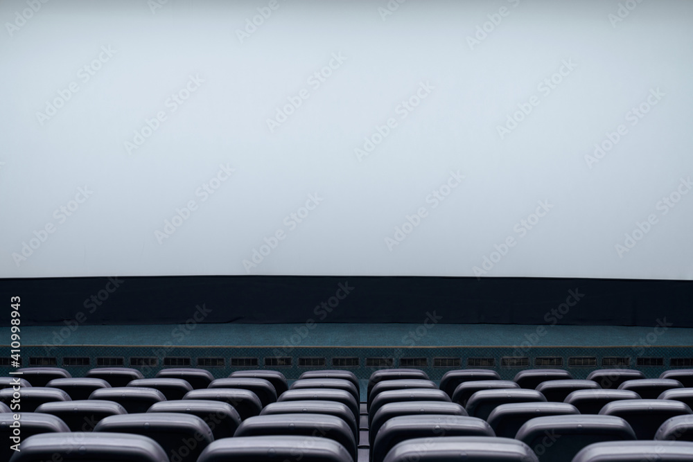 Obraz premium Large blank screen and rows black seats in cinema hall.
