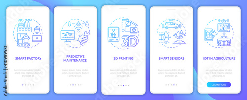 Industry 4.0 tendency onboarding mobile app page screen with concepts. 3D printing, IIoT in farming walkthrough 5 steps graphic instructions. UI vector template with RGB color illustrations