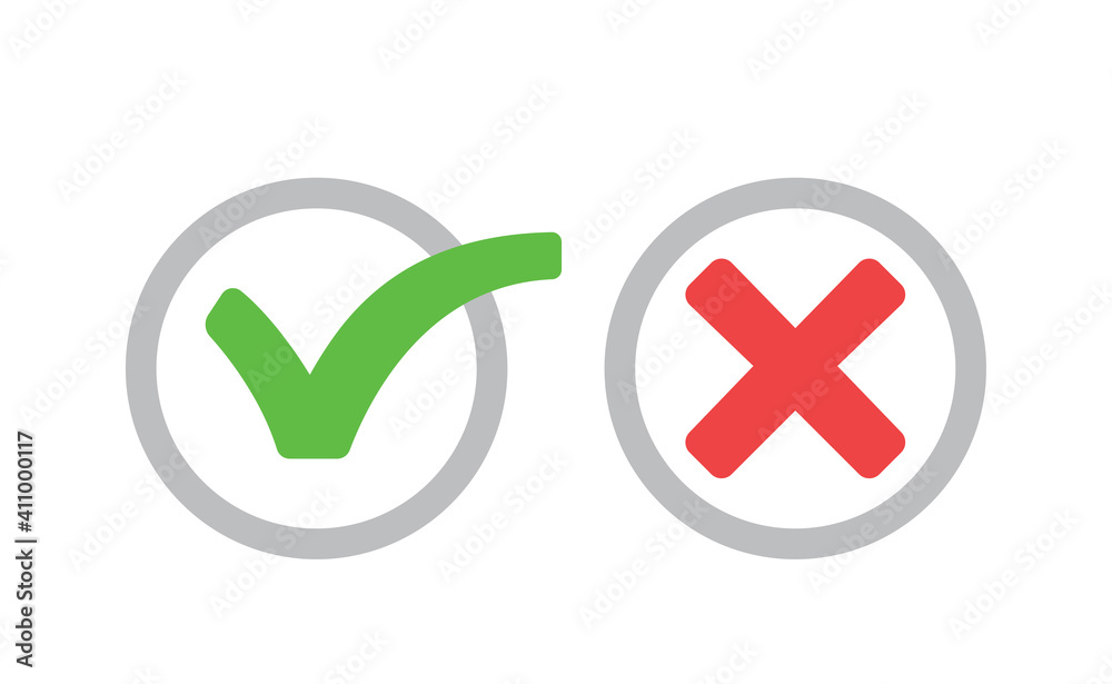 Check mark icons. Green tick and red x. Symbols of approval. Check mark icons. Green tick and red x. Symbols of approval.