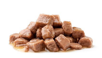 Heap of wet pet food on a white background. Isolated