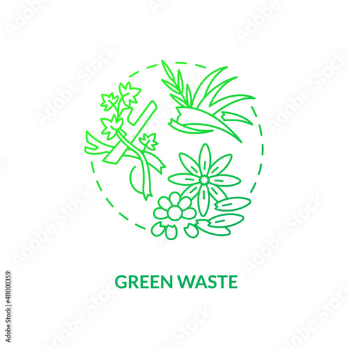 Green waste concept icon. Organic waste type idea thin line illustration. Refuse from garden. Biological fertilizer. Greenwaste. Scraps, pruning, weeds. Vector isolated outline RGB color drawing