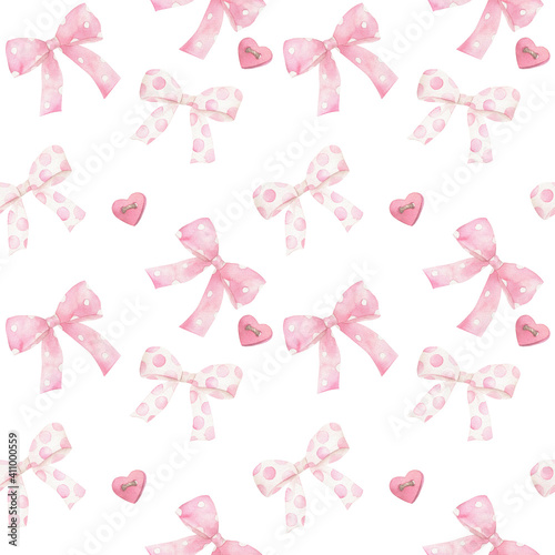 Watercolor cute seamless pattern with  bows, ribbons, hearts.   Hand drawn print on white background