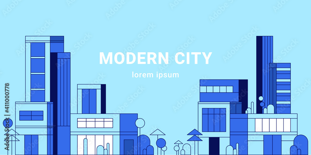 City silhouette and suburb. Heights, trees, workers homes and office buildings. Vector illustration of flat style