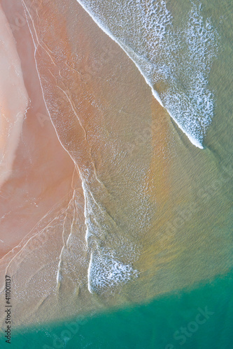 Playa de la Rabia and Arroyo del Capitan. Aerial view at low tide. Oyambre Natural Park, San Vicente de la Barquera, Cantabrian Sea, Cantabria, Spain, Europe