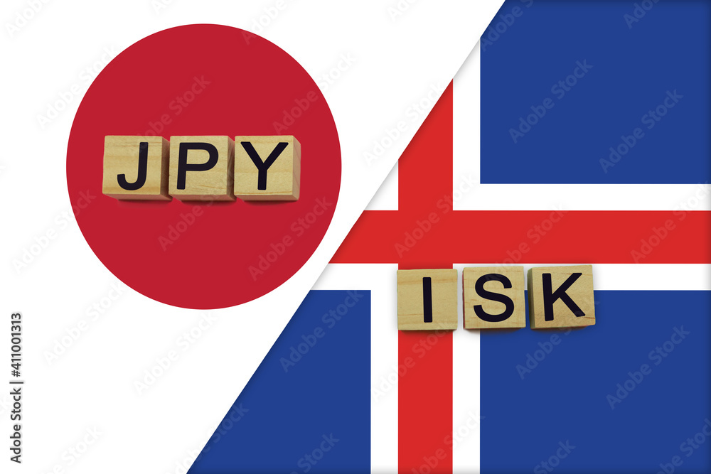Japan and Iceland currencies codes on national flags background Japan and Iceland currencies codes on national flags background