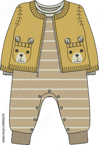 Baby cardigan, overalls set vector illustration. Nordic style baby outfit