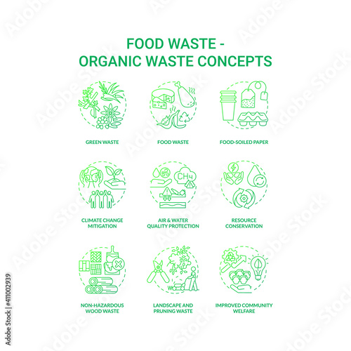 Food waste concept icons set. Organic waste idea thin line RGB color illustrations. Food-soiled paper. Landscape and pruning. Air, water quality protection. Vector isolated outline drawings