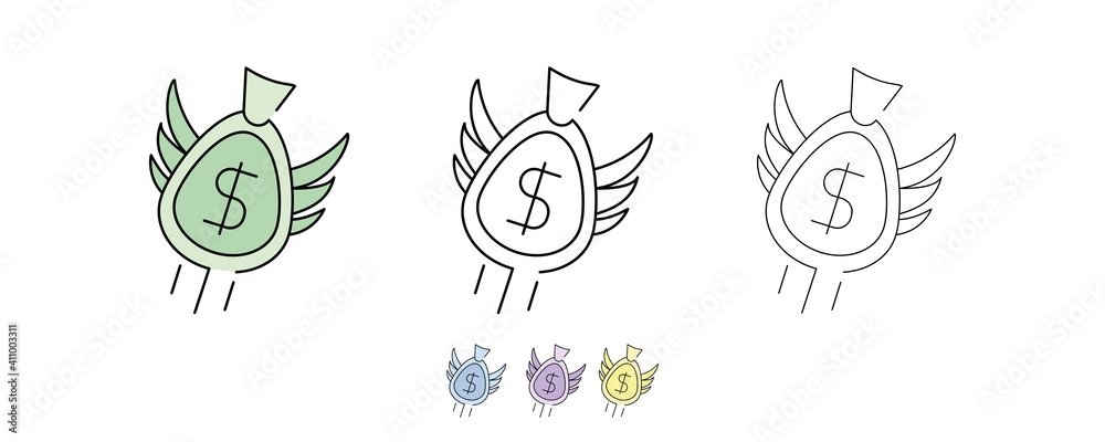 3-bag wings icon set. Saving money, Do enter an Uptrend. Icon wing bag set in different colors and different thickness. Money bag line icons set vector illustration. Modern line art.