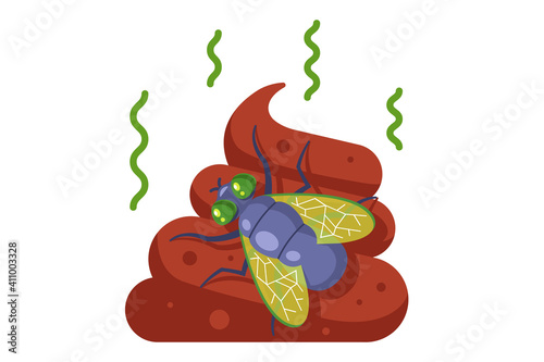 smelly human turd with a dung fly. flat vector illustration.
