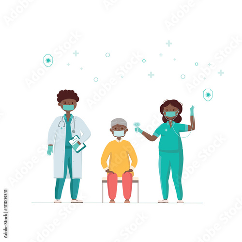 Covid-19, coronavirus people vaccination poster. A nurse checks the health of an old man before vaccination. Vector stock illustration isolated on white background for banner, web template. EPS10