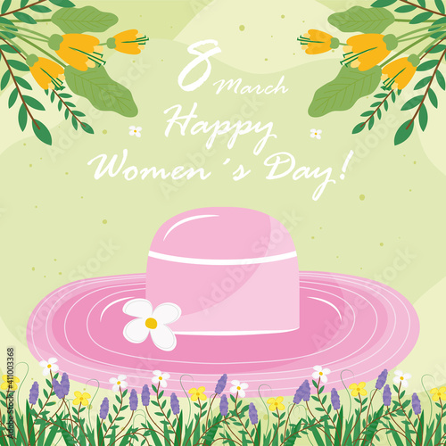 happy womens day lettering card with flowers and pink hat vector illustration design