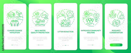 Biodegradable waste reduction onboarding mobile app page screen with concepts. Resource conservation walkthrough 5 steps graphic instructions. UI vector template with RGB color illustrations