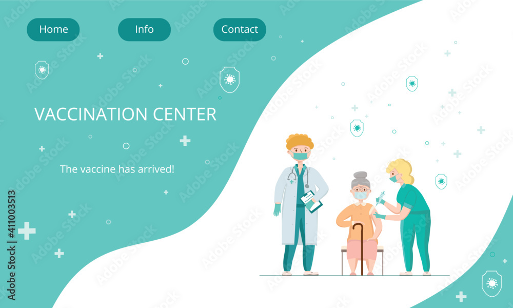 Covid-19, coronavirus people vaccination landing page. Elderly man got a vaccine from a doctor, nurse. Vector stock illustration for web template medical center, clinic, hospital. EPS10 Covid-19, coronavirus people vaccination landing page. Elderly man got a vaccine from a doctor, nurse. Vector stock illustration for web template medical center, clinic, hospital. EPS10