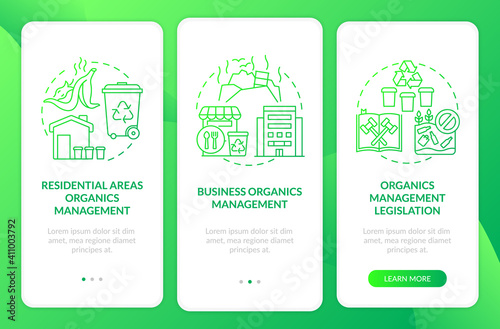Biodegradable waste diversion onboarding mobile app page screen with concepts. Residential areas management walkthrough 3 steps graphic instructions. UI vector template with RGB color illustrations