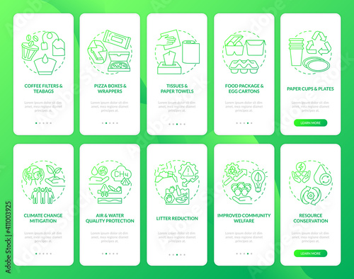 Biodegradable waste reducing onboarding mobile app page screen with concepts set. Welfare, conservation waste walkthrough 5 steps graphic instructions. UI vector template with RGB color illustrations