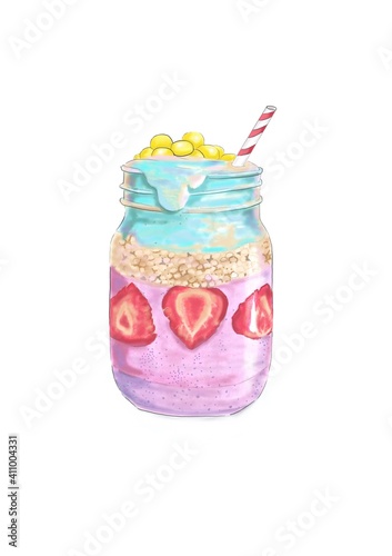 Hand-drawn illustration of a glass with delicious milk shake with strawberries, syrups, cream, candy decorations, vanilla pearls, served with red striped paper drinking straw, on white background