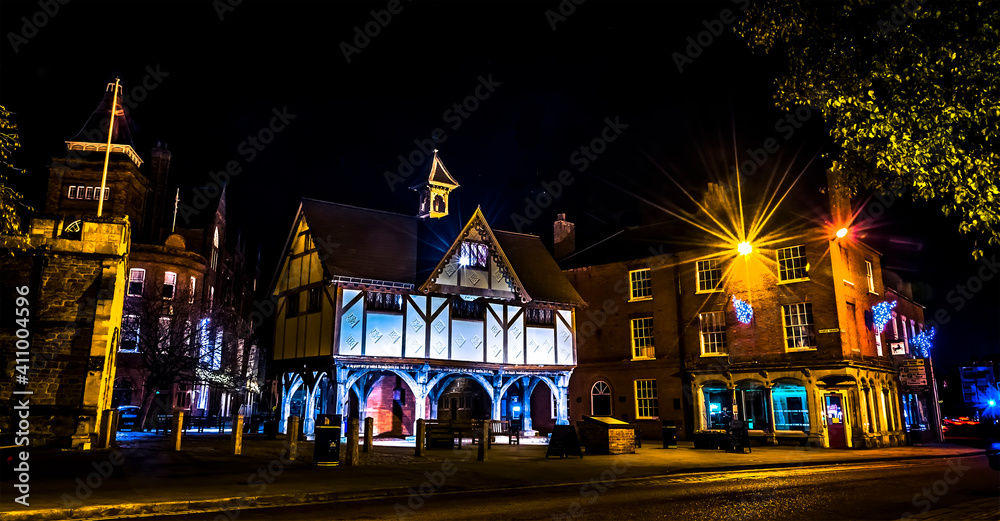 A view across old church square in Market Harborough, UK on a winters night