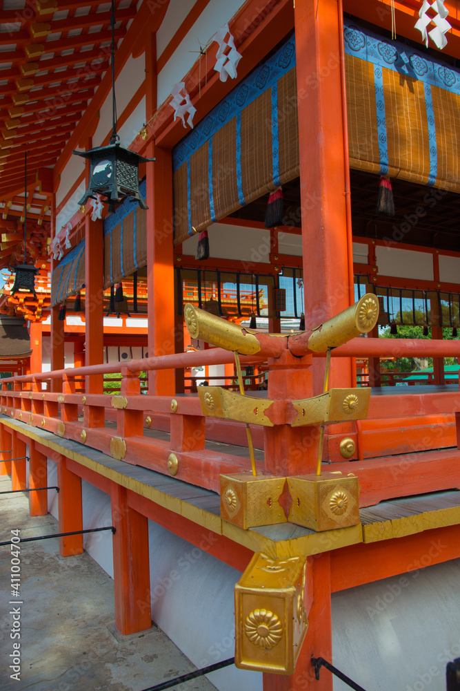 Red and golden temple Fushimi Inari shrine, in Japan, near Tokyo