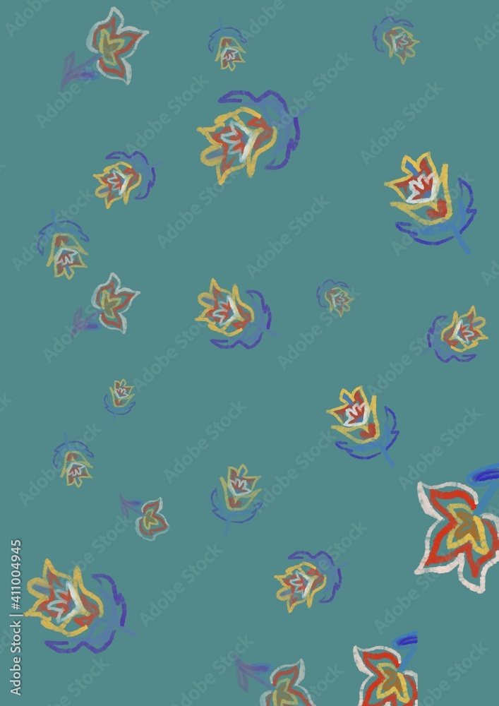 Seamless pattern with fantasy flowers. Bright tropical commercial illustration. Colorful folk art design for fabric and decor.
