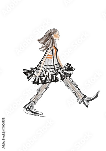 Hand-drawn abstract fashion illustration sketch of a silhouette of a walking imaginary girl in fluffy trench coat, trousers, in boots on white background