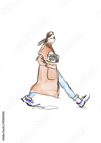 Obraz na płótnie Hand-drawn abstract fashion illustration sketch of a silhouette of walking imagi