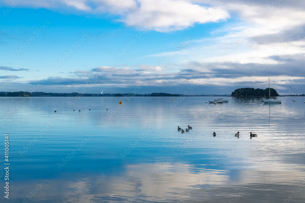 Brittany, panorama of the Morbihan gulf, view from the Ile aux Moines island at sunrise
Brittany, panorama of the Morbihan gulf, view from the Ile aux Moines island at sunrise