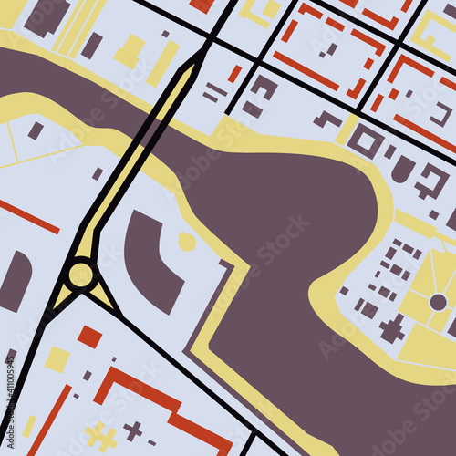 City map in contrasting colors (red, white, yellow, brown, black) for use as a background for magazines, books, clothes. Minimalistic abstract design. Can be used to create a pattern. Creek.