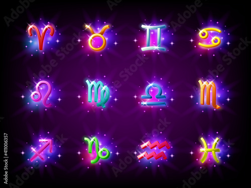 Colorful starry zodiac signs set. Horoscope. Aries and Taurus, Gemini, Cancer, Leo, Virgo, Libra, Scorpio, Sagittarius Capricorn Aquarius and Pisces Vector illustration