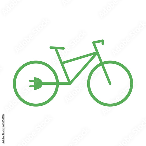 Electric bike icon. Eco bicycle with plug. Flat line vector illustration isolated on white