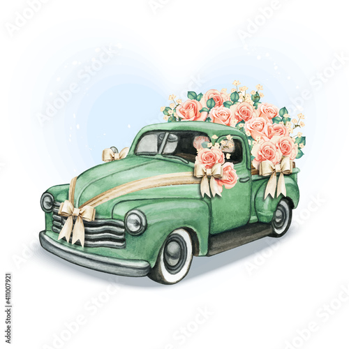 Wedding pickup with roses and jute bows
