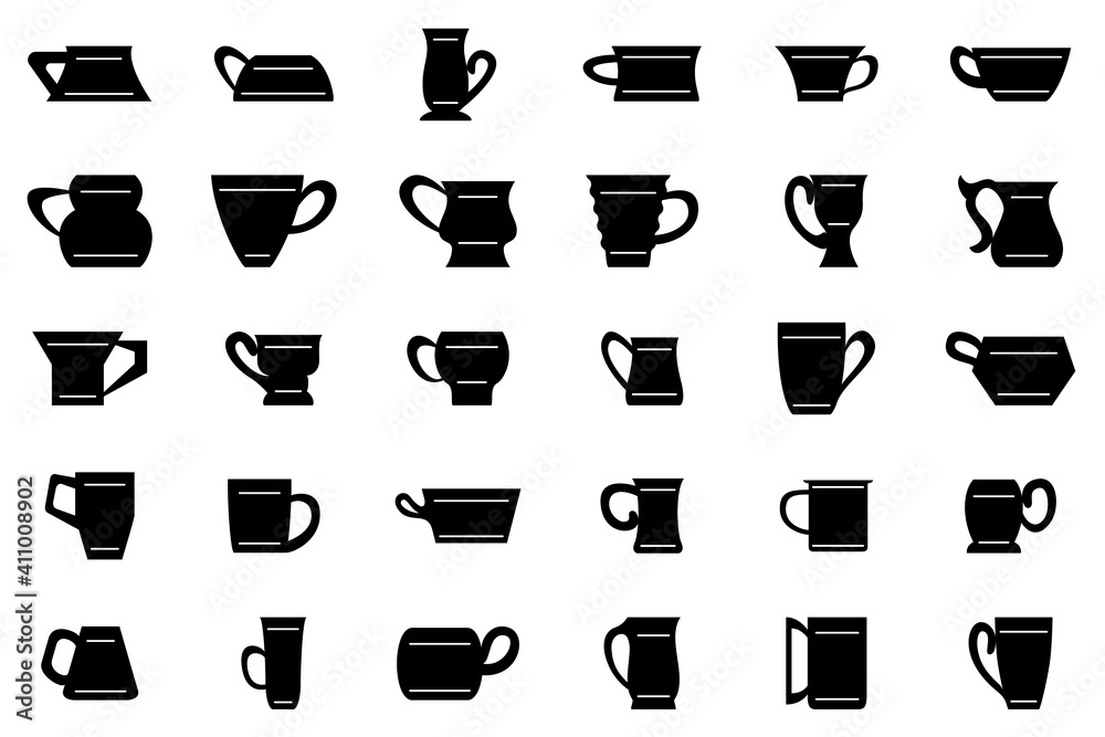 Drinking mug. Set vector in silhouette style isolated on white. Kitchen utensils for tea, coffee, drinks. Icon for cafe, restaurant, menu. Drinking mug. Set vector in silhouette style isolated on white. Kitchen utensils for tea, coffee, drinks. Icon for cafe, restaurant, menu.