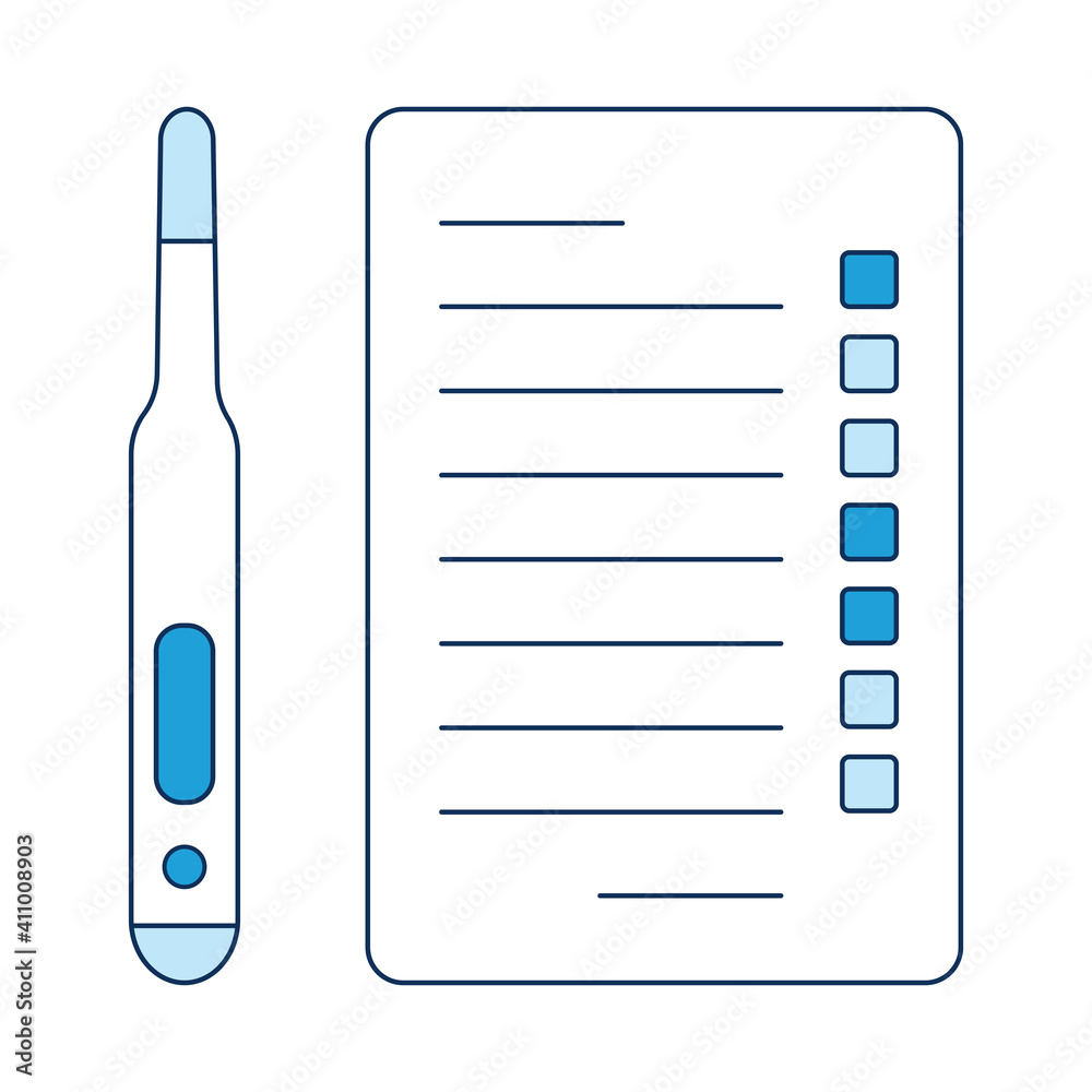 Fototapeta premium Medical thermometer and test checklist for COVID-19 vaccination. A medical poster template in shades of blue. Vector illustration isolated on a white background